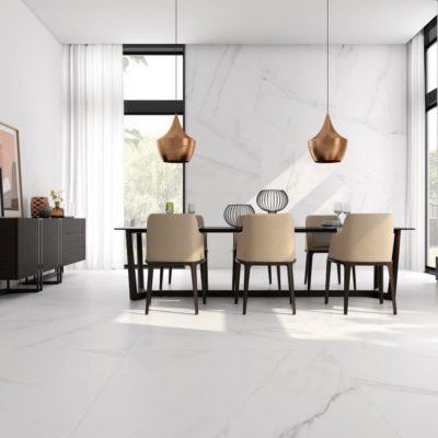 room with marble look porcelain tiles