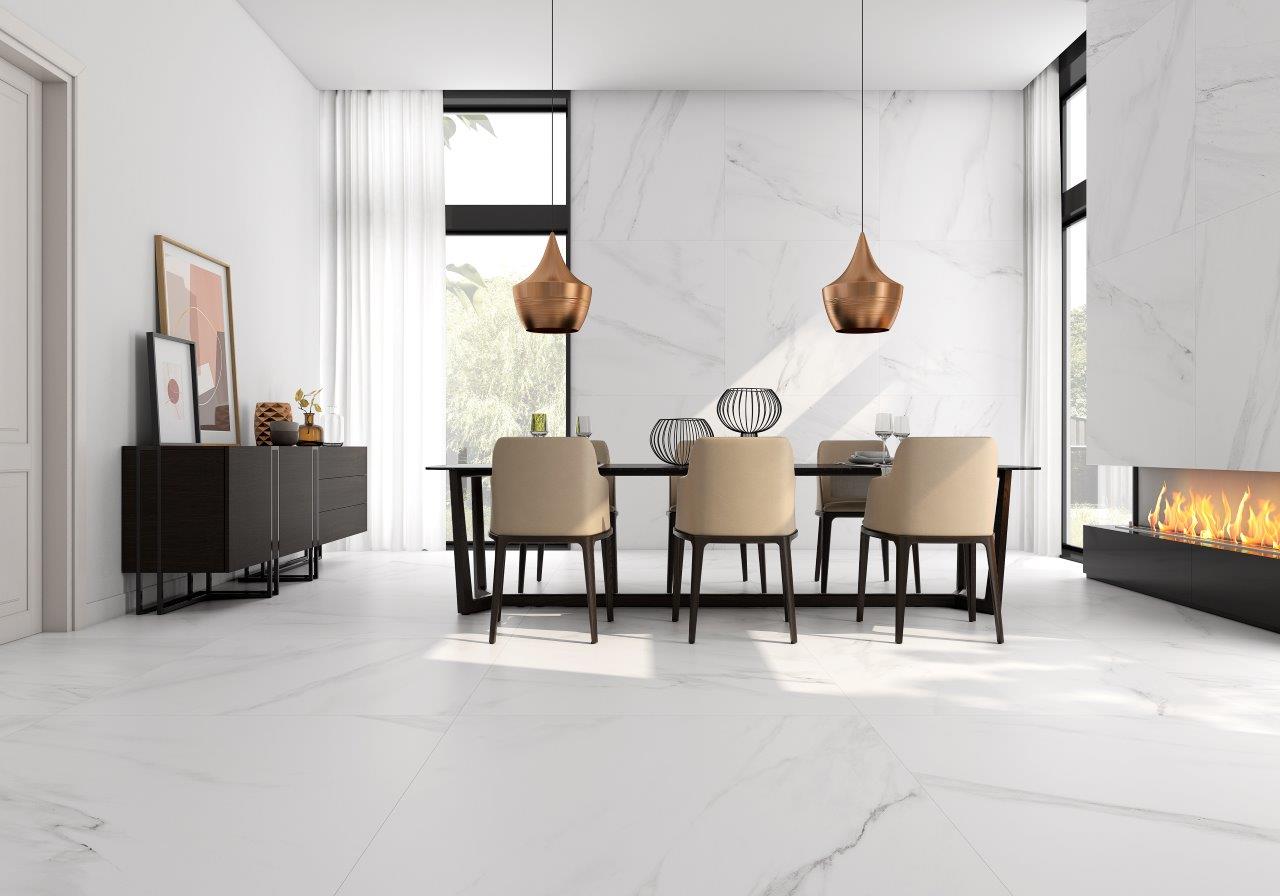 room with marble look porcelain tiles