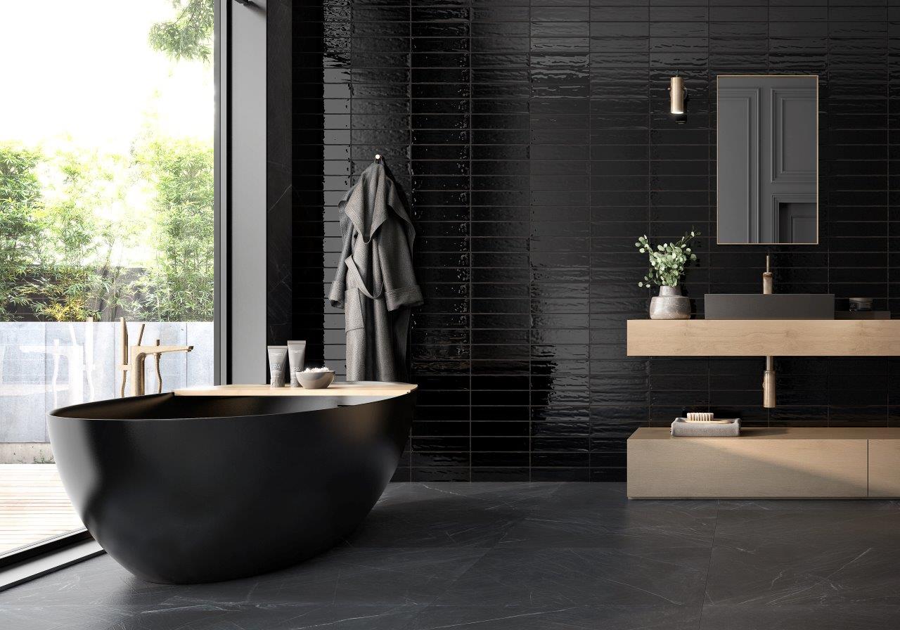 bathroom black ceramic handmade look tile