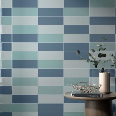 wall with solid blue ceramic textured tile