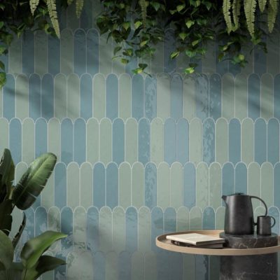 room with solid green and blue ceramic wall tile
