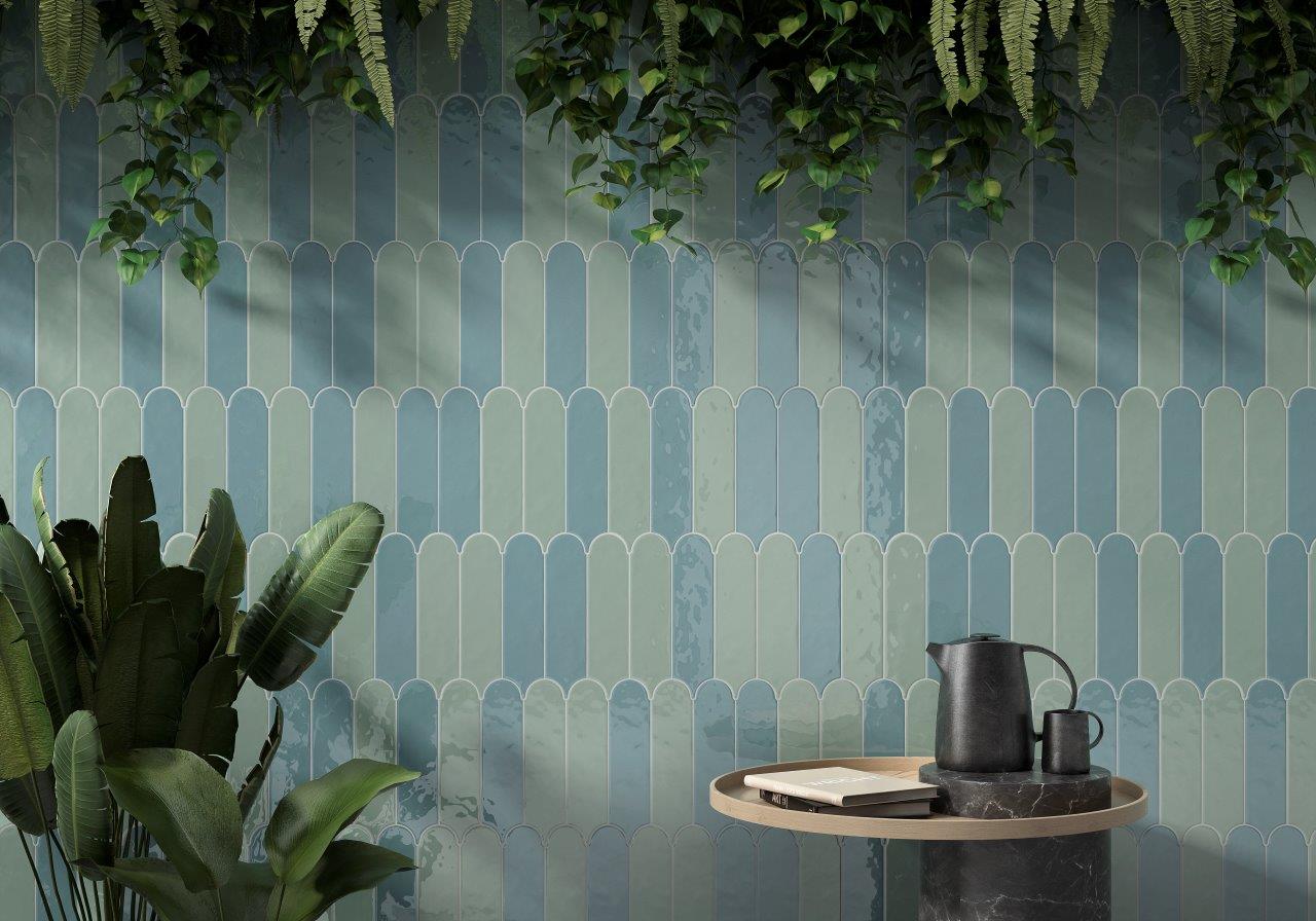 room with solid green and blue ceramic wall tile