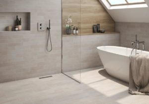 bathroom with beige industrial look porcelain tile